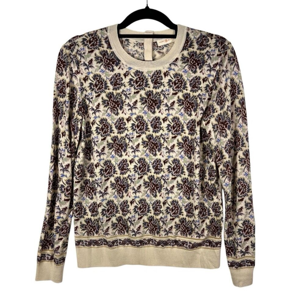 Tory Burch Floral Print Merino Wool Sweater Women’s Sz Small Lightweight